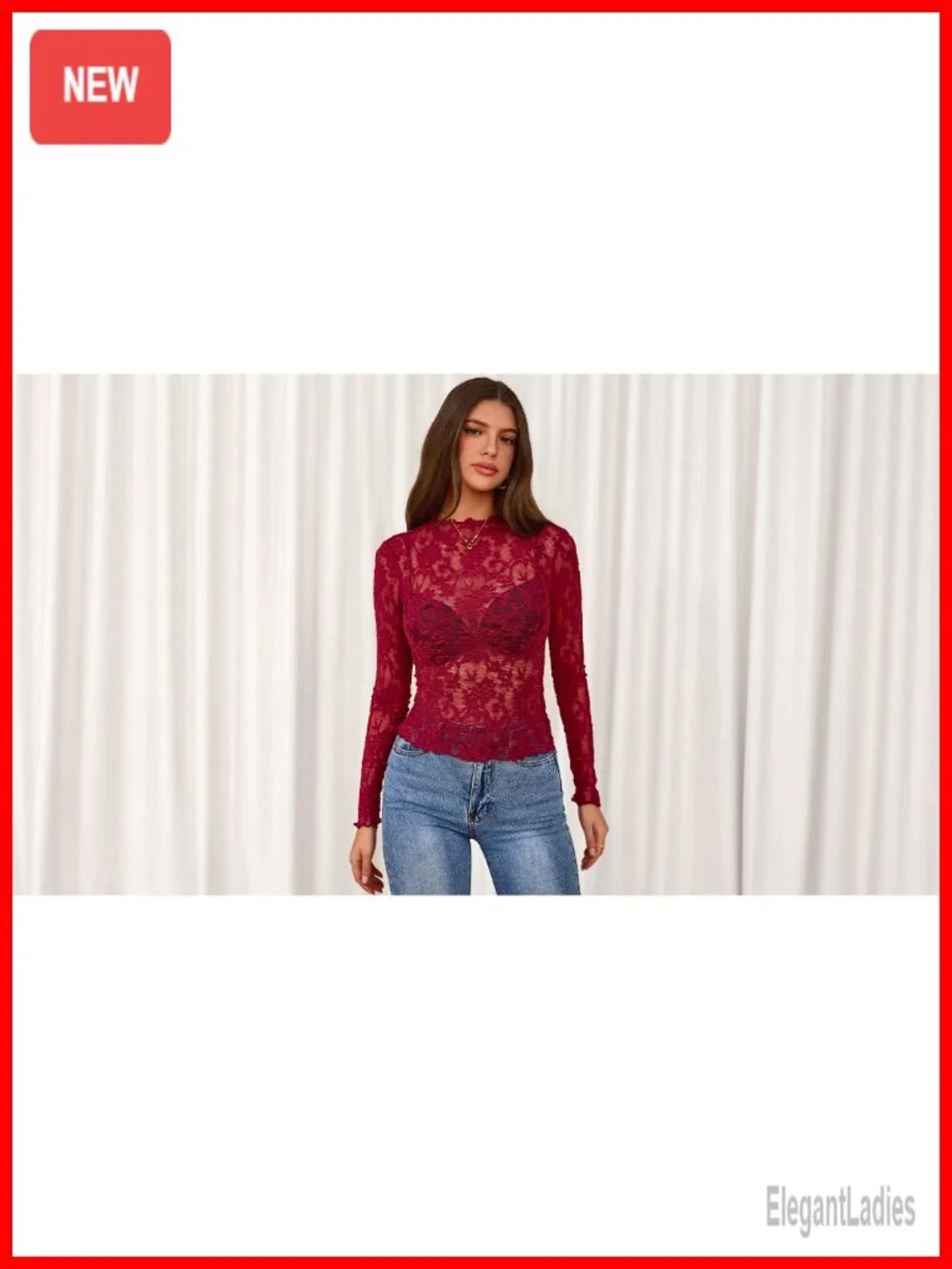 Mesh Long Sleeve Top Sheer See Through Crew Neck Lace Floral